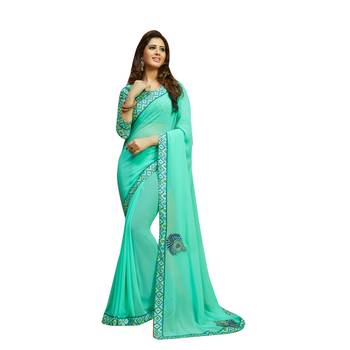 Turquoise embroidered georgette saree with blouse 1
