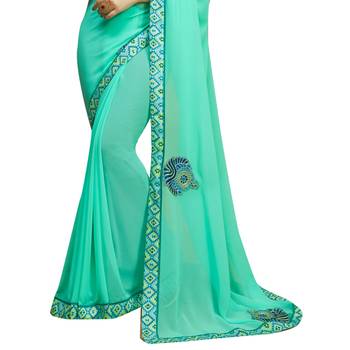 Turquoise embroidered georgette saree with blouse 3