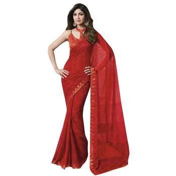 Red printed chiffon saree with blouse 1