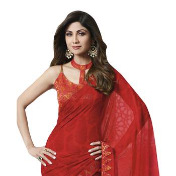 Red printed chiffon saree with blouse 2