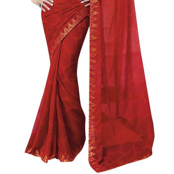 Red printed chiffon saree with blouse 3