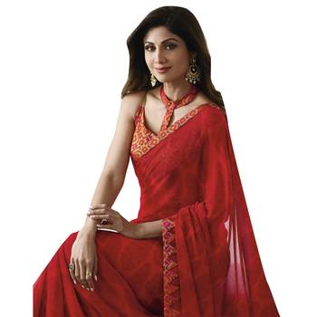 Red printed chiffon saree with blouse 5