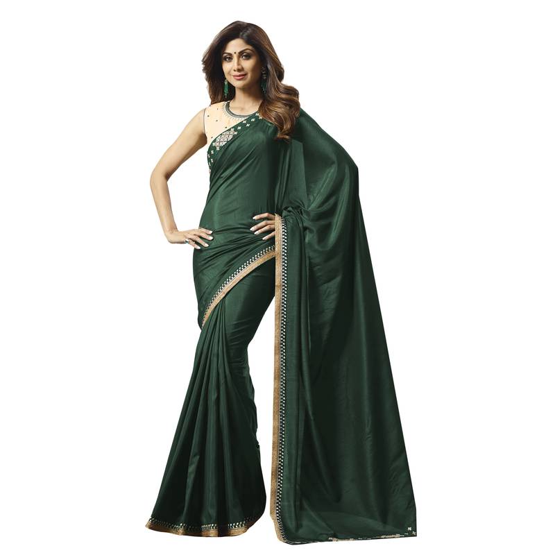 Green Printed Satin Saree With Unstitched Blouse Piece