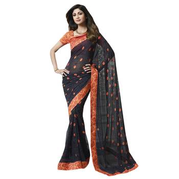 Black printed georgette saree with blouse 1