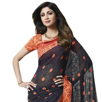 Black printed georgette saree with blouse 2