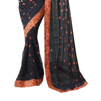 Black printed georgette saree with blouse 3