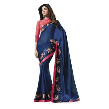 Blue printed Satin saree with blouse 1