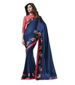 Blue printed Satin saree with blouse