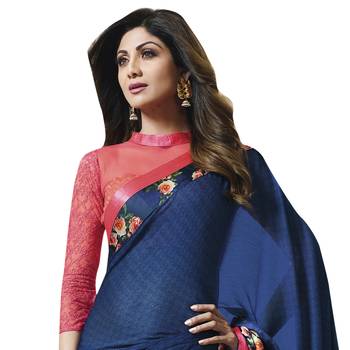 Blue printed Satin saree with blouse 2