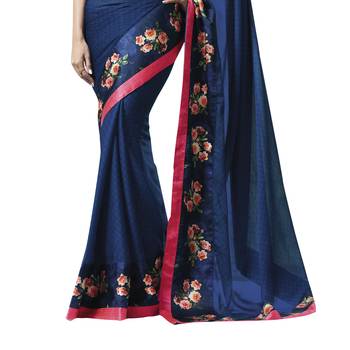 Blue printed Satin saree with blouse 3