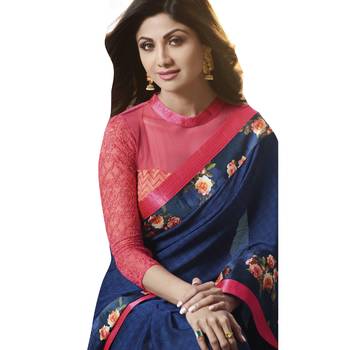 Blue printed Satin saree with blouse 5
