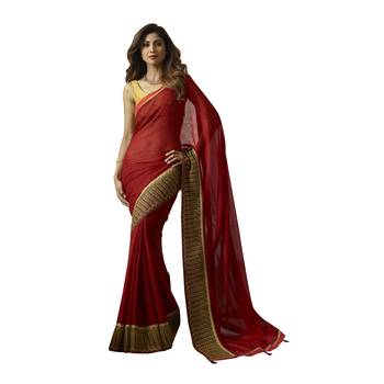Maroon printed chiffon saree with blouse 1