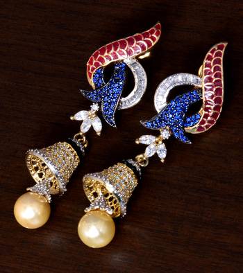 Sapphire and Red Meenakari Worked Enameled American Diamond Earrings 216ED35 1