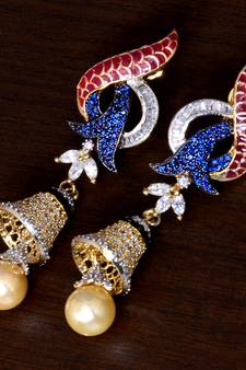 Sapphire and Red Meenakari Worked Enameled American Diamond Earrings 216ED35