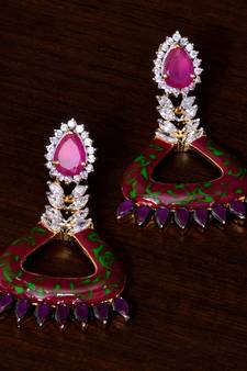 Ruby Stone and Meenakari Worked Enameled American Diamond Earrings 216ED69