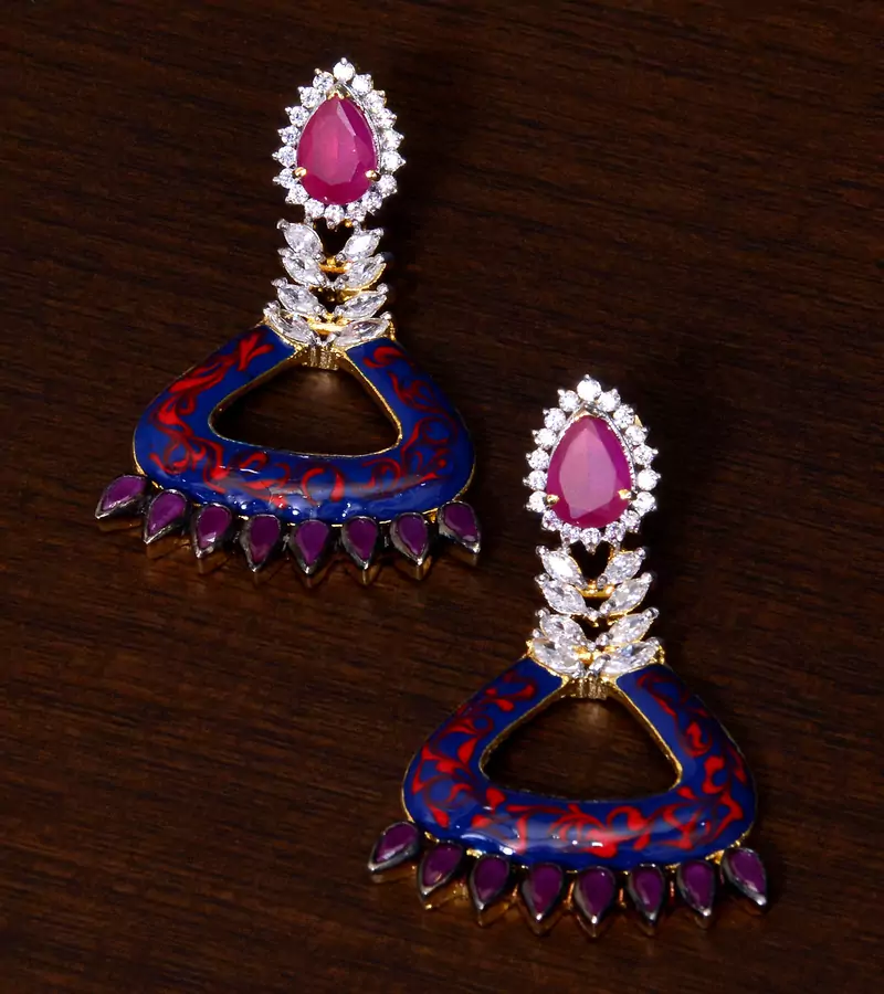 Ruby Stone and Meenakari Worked Enameled American Diamond Earrings 216ED70