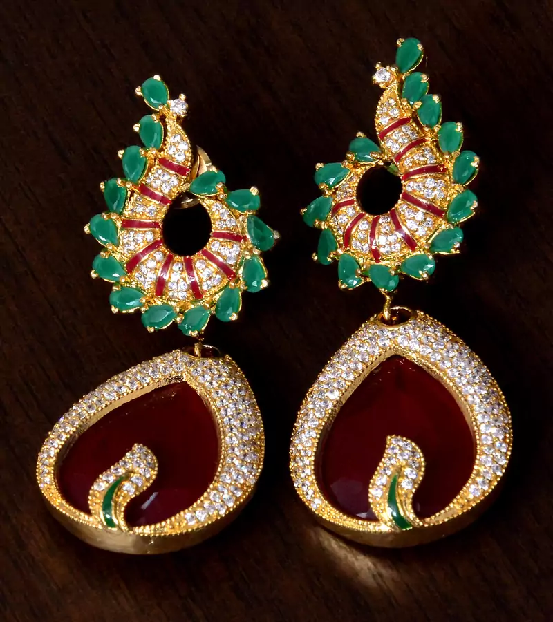 Emerald and Ruby Stone Embellished Designer American Diamond Earrings 216ED96