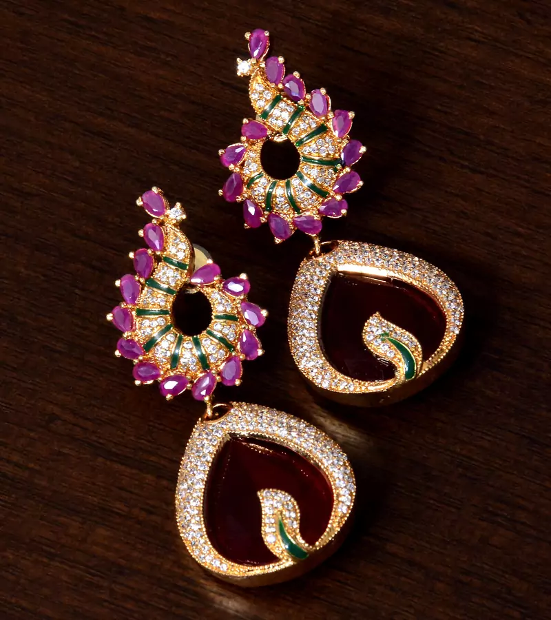 Ruby Stone Embellished Designer American Diamond Earrings 216ED97