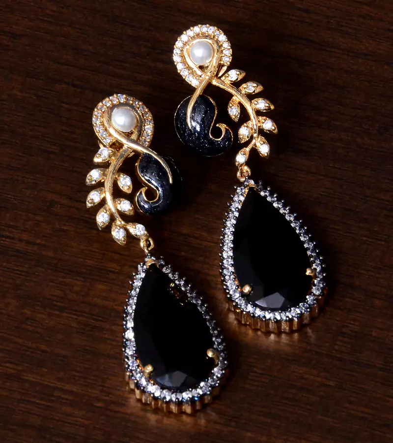 Pearl and American Diamond Embellished Black Stone Earrings 216ED111