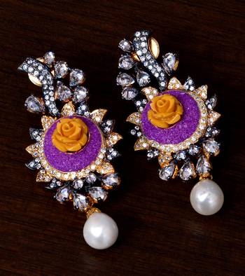 Pearl and American Diamond Embellished Purple Earrings 216ED126 1