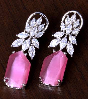 Rhodium Plated Baby Pink and AAA CZ Embellished American Diamond Earrings 216ED261 1