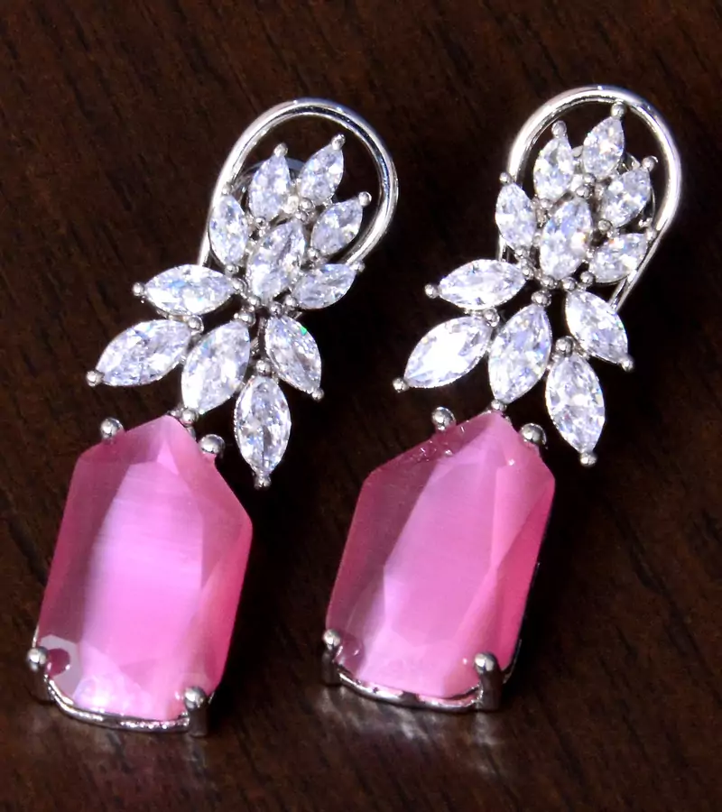 Rhodium Plated Baby Pink and AAA CZ Embellished American Diamond Earrings 216ED261