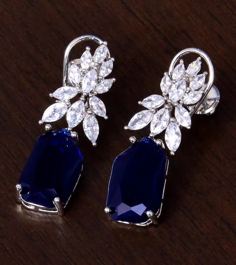 Rhodium Plated Sapphire and AAA CZ Embellished American Diamond Earrings 216ED262