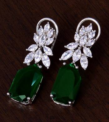 Rhodium Plated Green and AAA CZ Embellished American Diamond Earrings 216ED263 1