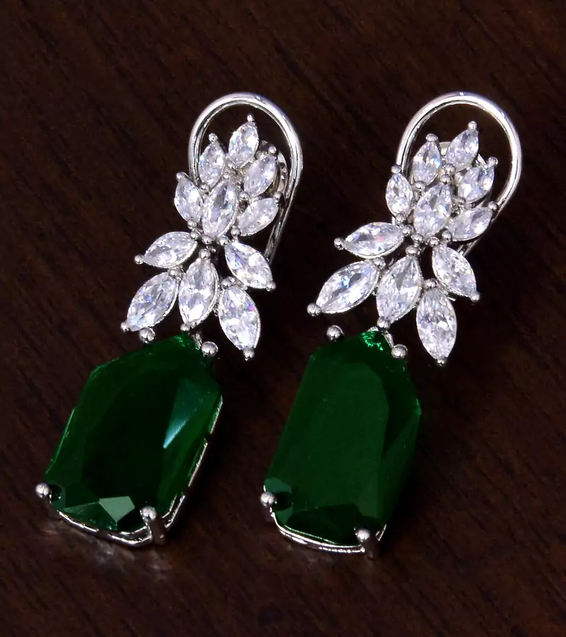 Rhodium Plated Green and AAA CZ Embellished American Diamond Earrings 216ED263