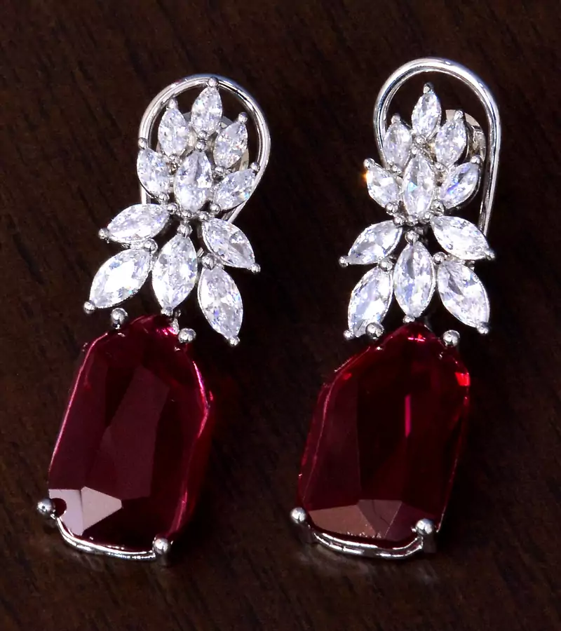 Rhodium Plated Ruby and AAA CZ Embellished American Diamond Earrings 216ED264