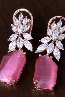 Rose Gold Plated Baby Pink and AAA CZ Embellished American Diamond Earrings 216ED266