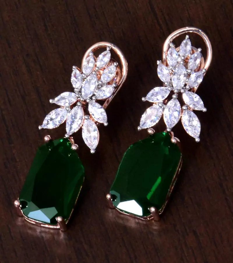 Rose Gold Plated Green and AAA CZ Embellished American Diamond Earrings 216ED268