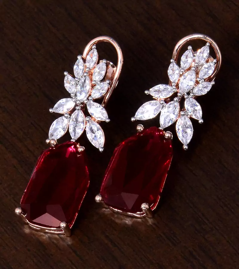 Rose Gold Plated Ruby and AAA CZ Embellished American Diamond Earrings 216ED269