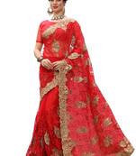 Trendmalls Red embroidered net   Traditional Wedding Party Wear Bridal Saree With Blouse  