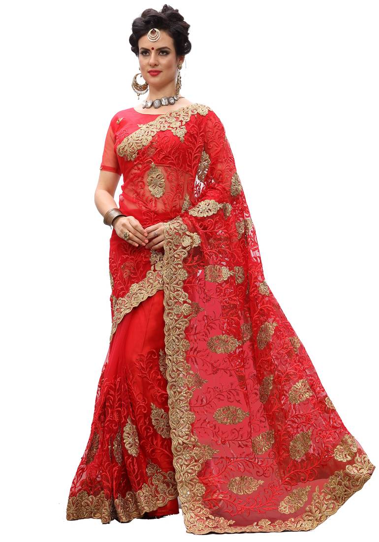 Trendmalls Red embroidered net   Traditional Wedding Party Wear Bridal Saree With Blouse  