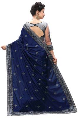 Trendmalls Blue embroidered silk   Traditional Wedding Party Wear Bridal Saree With Blouse   2