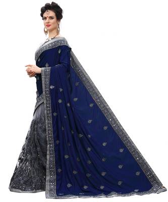 Trendmalls Blue embroidered silk   Traditional Wedding Party Wear Bridal Saree With Blouse   3
