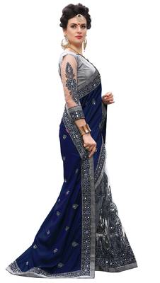 Trendmalls Blue embroidered silk   Traditional Wedding Party Wear Bridal Saree With Blouse   4