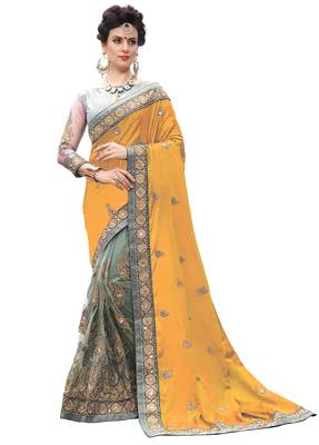 Trendmalls Yellow embroidered silk   Traditional Wedding Party Wear Bridal Saree With Blouse   1