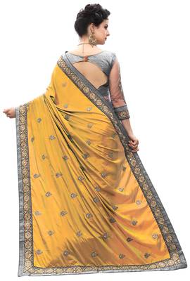Trendmalls Yellow embroidered silk   Traditional Wedding Party Wear Bridal Saree With Blouse   2