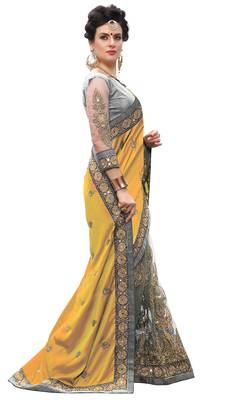 Trendmalls Yellow embroidered silk   Traditional Wedding Party Wear Bridal Saree With Blouse   3