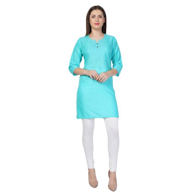 Cotton Embroidered Stitched Kurti - Glorious Mist (TS-046C-TurquoiseWhite) main image 1