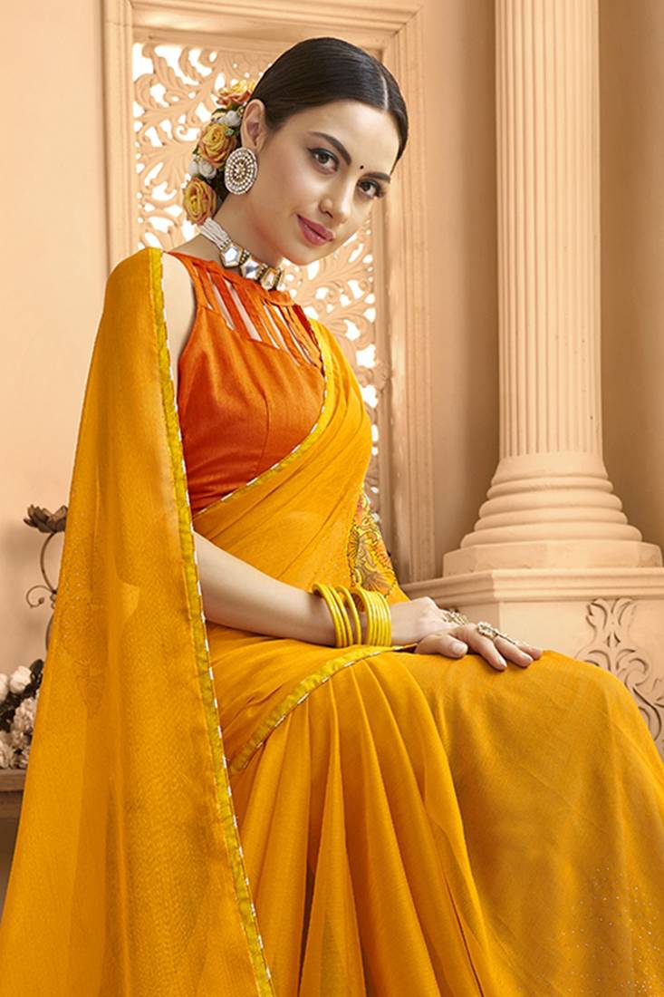 Yellow Printed Chiffon Saree With Blouse Triveni 3137729 Yellow Printed Chiffon Saree With Blouse Triveni 3137729