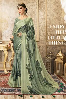 Green printed chiffon saree with blouse 1