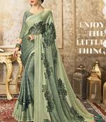 Green printed chiffon saree with blouse
