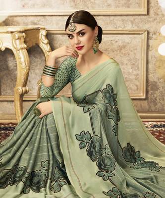 Green printed chiffon saree with blouse 2