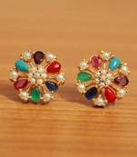 Multicolored Brass Stud Earrings With Pearl and American Diamonds