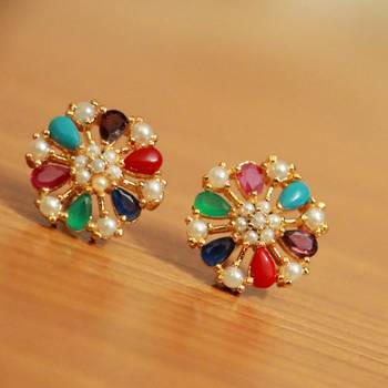 Multicolored Brass Stud Earrings With Pearl and American Diamonds 2