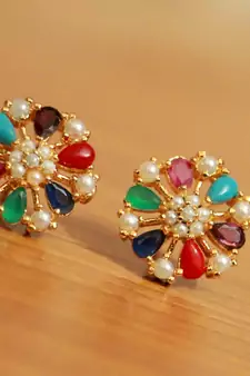Multicolored Brass Stud Earrings With Pearl and American Diamonds