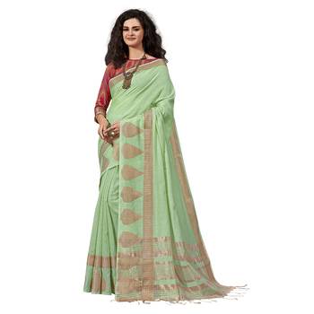 Light green woven cotton silk saree with blouse 1